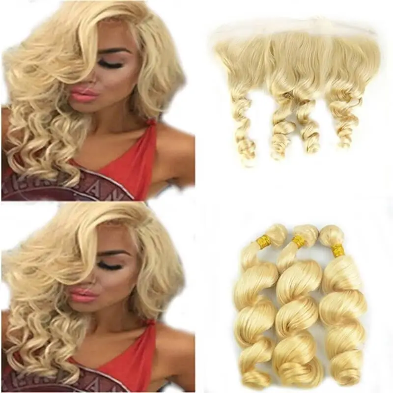 #613 Blonde 13x4 Lace Frontal Closure With 3 Bundles 4Pcs Lot Unprocessed Brazilian Virgin Human Hair Weave Loose Wave Wavy With Free Part Ear To Ear