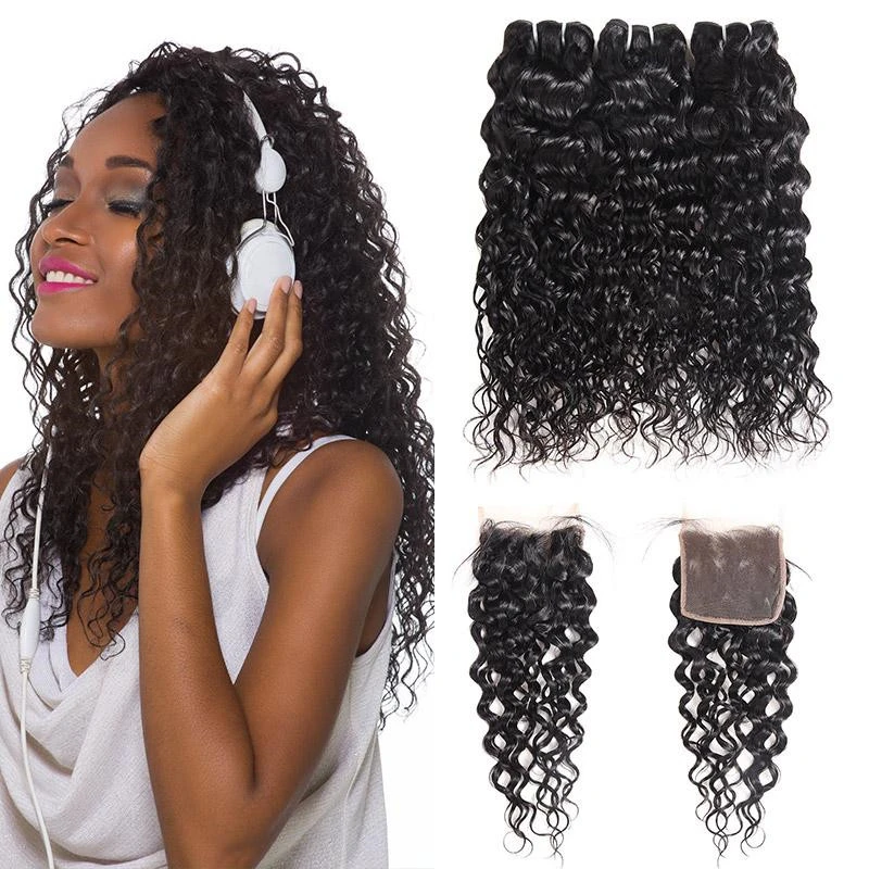 Eseewigs Peruvian Water Wave Hair 3 Bundles with 4*4 Lace Closure
