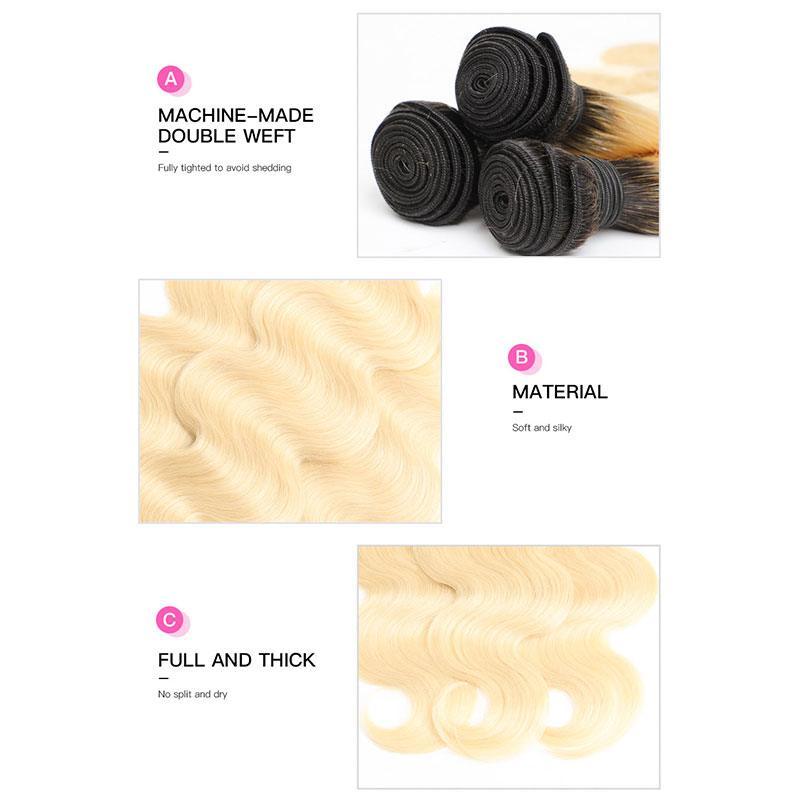 1B/613 Honey Blonde Brazilian Body Wave Virgin Human Hair 3 Bundles with Lace Closure Blonde Ombre Bundles with Closure