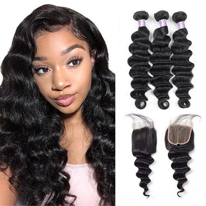 Eseewigs Brazilian Loose Deep Wave Hair 3 Bundles With 4*4 Lace Closure