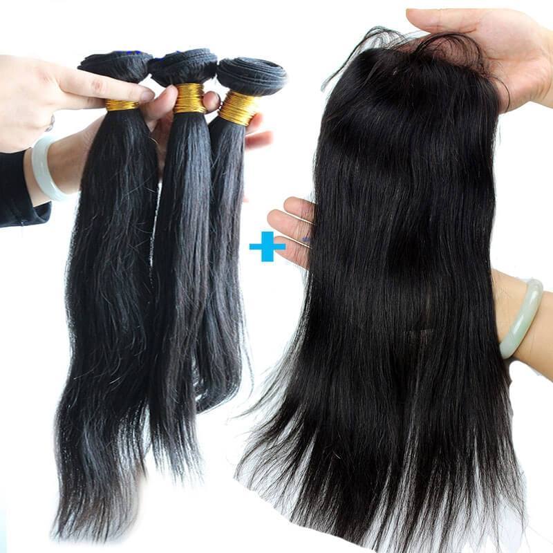 Silky Straight Brazalian Virgin Hair 3 Straight Bundles with 4x4 Lace Closure