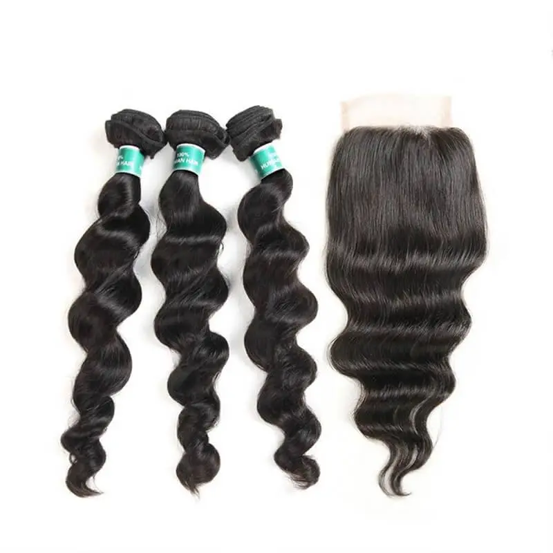 Unprocessed Brazilian Virgin Hair Lace Closure With Hair Bundles Human Virgin Hair Extension Loose Wave With Closure 4pcs/lot