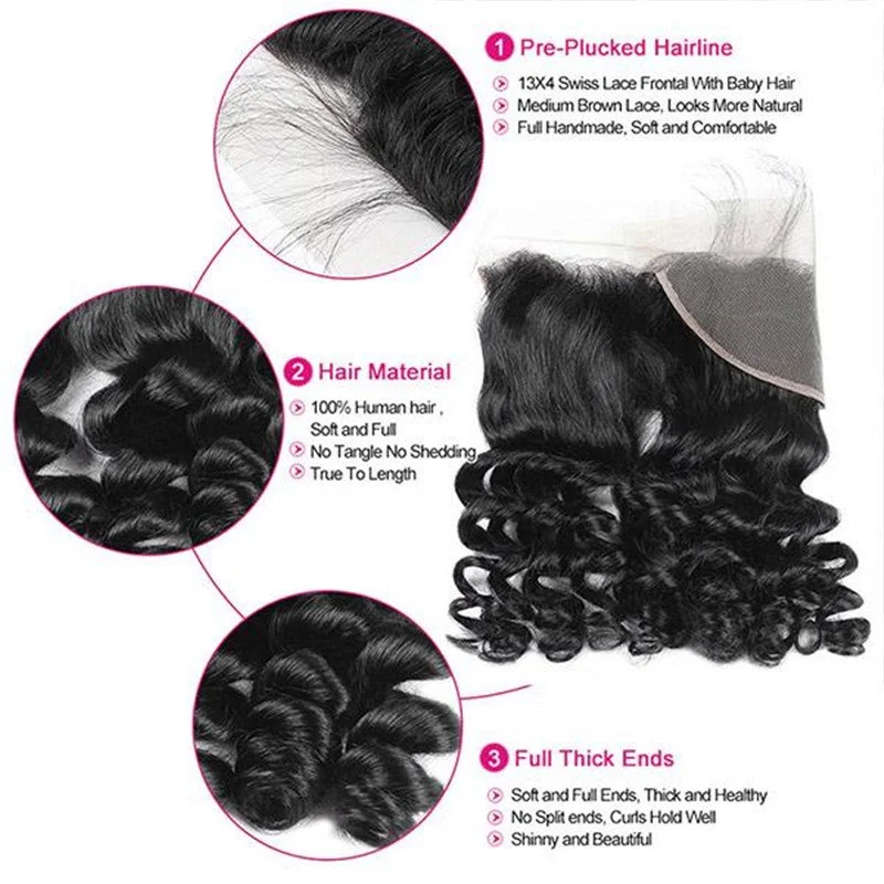 Eseewigs Brazilian Loose Wave Virgin Human Hair 3 Bundles with 13*4 Lace Frontal