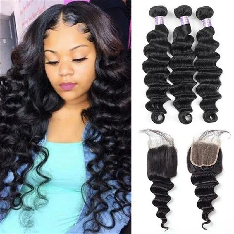 Eseewigs Brazilian Loose Deep Wave Hair 3 Bundles With 4*4 Lace Closure