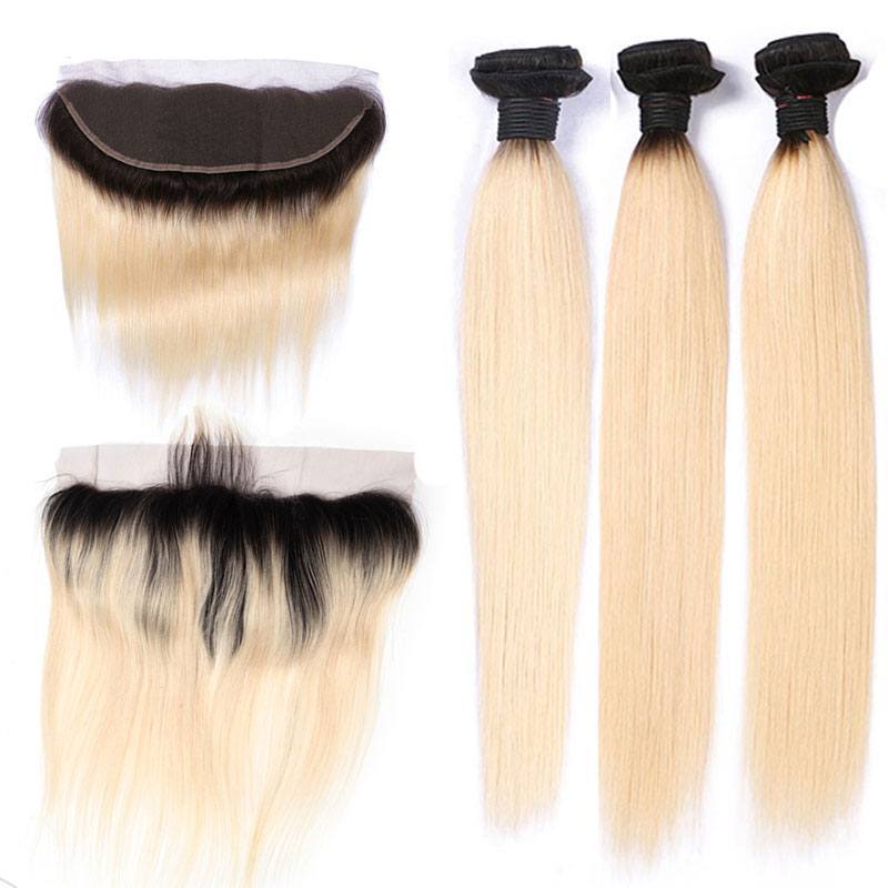 1B/613 Honey Blonde Brazilian Straight Virgin Human Hair 3 Bundles with Lace Closure,Blonde Ombre Bundles with Closure