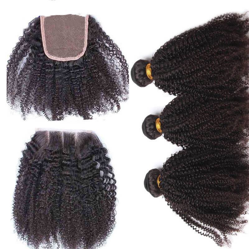 Mongolian Virgin Human Hair Lace Closure With 3 Bundles Afro Kinky Curly Weave