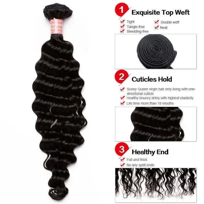 Brazilian Hair Weave 3 Bundles with Free Part Lace Closure Deep Wave Natural Color