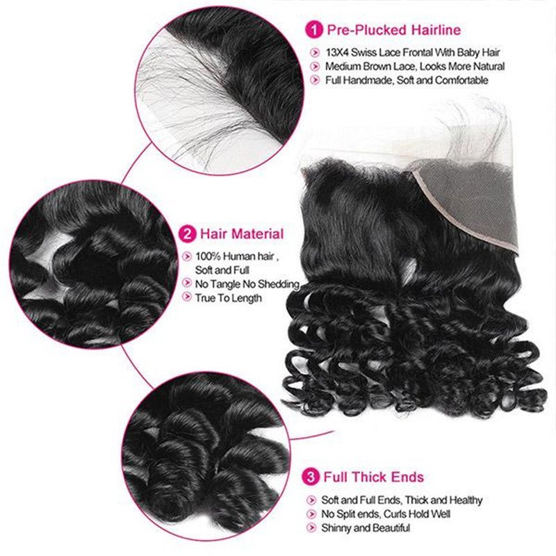 Eseewigs Peruvian Loose Wave Human Hair 3 Bundles With 13*4 Lace Frontal