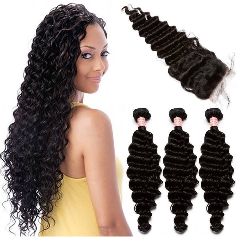 Brazilian Hair Weave 3 Bundles with Free Part Lace Closure Deep Wave Natural Color