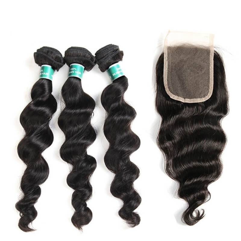 Unprocessed Brazilian Virgin Hair Lace Closure With Hair Bundles Human Virgin Hair Extension Loose Wave With Closure 4pcs/lot