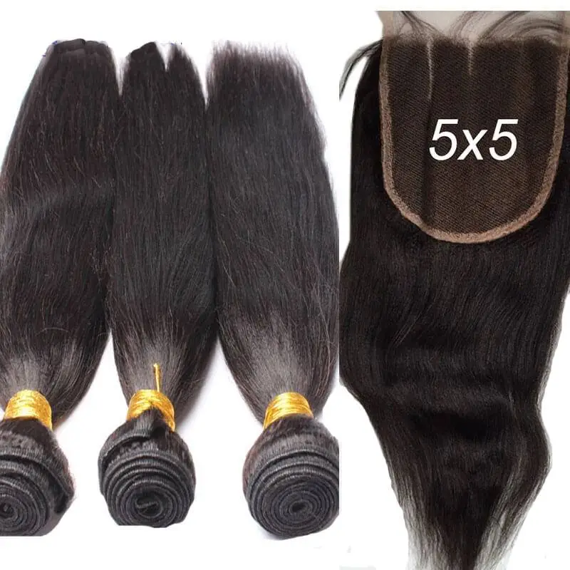 3 Bundles With Lace Closure 5x5 Indian  Virgin Human Hair Yaki Straight Hair