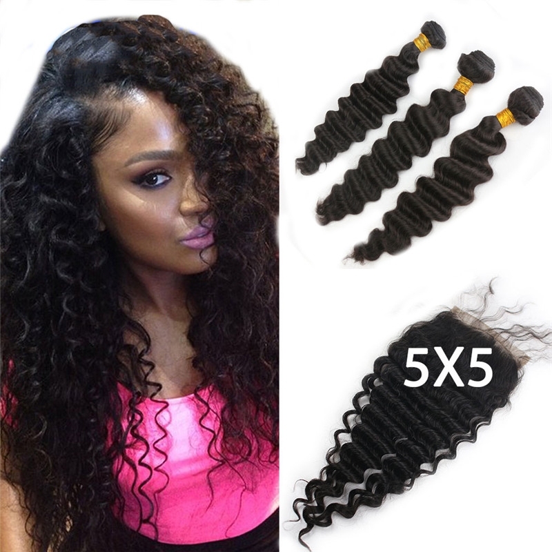 7A 5x5 Brazilian Deep Wave With Closure 3 Bundles Hair Weave With 1 Lace Closure Brazilian Virgin Human Hair Weave Bundles