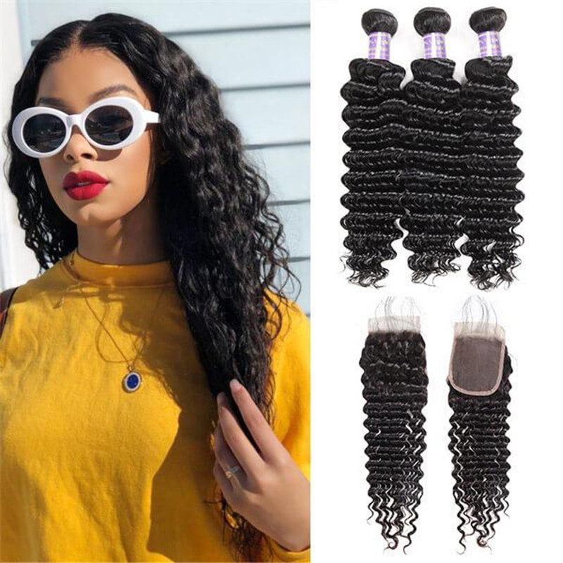 Peruvian Deep Wave 3 Bundles with 4*4 Lace Closure Virgin Human Hair