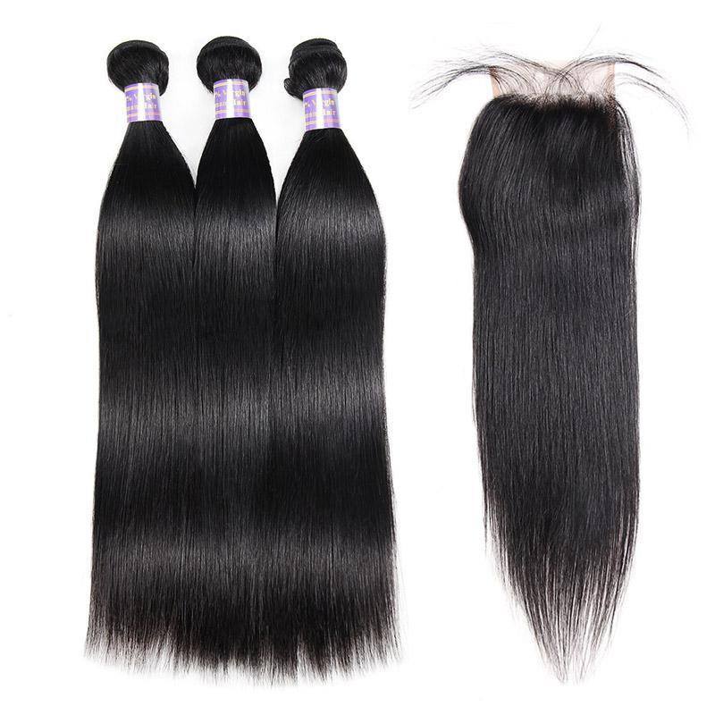 Eseewigs Peruvian Straight Hair 3 Bundles With 4*4 Lace Closure