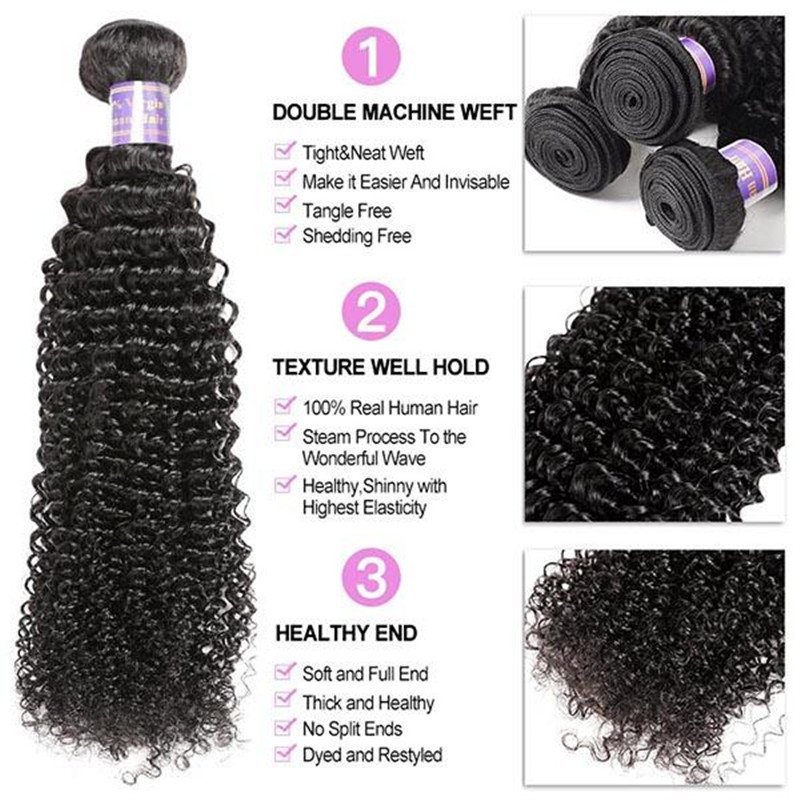 Malaysian Kinky Curly 3 Bundles with Lace Closure Virgin Human Hair