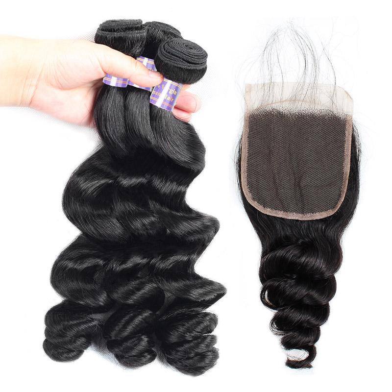 Eseewigs Peruvian Loose Wave Virgin Hair 3 Bundles with 4*4 Lace Closure