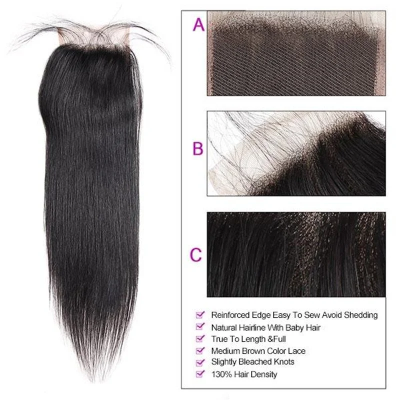 Malaysian Straight Hair 3 Bundles with 4*4 Lace Closure with Baby Hair