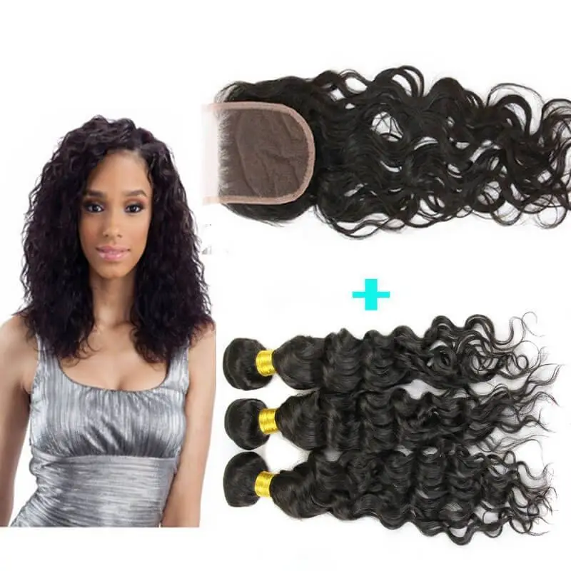 4x4 Lace Closure With 3 Bundles Brazalian Virgin Hair Water Wet Wave Human Hair