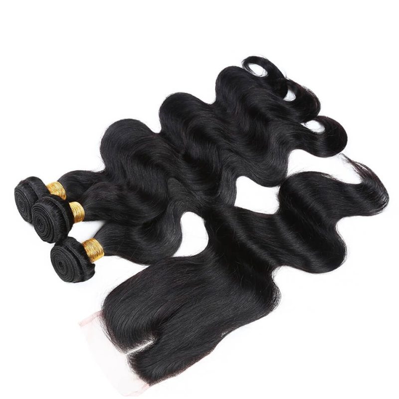 7A Unprocessed Brazilian virgin hair Hair Bundles with Closure Human Virgin hair body Wave one lace closure with 3 hair bundles