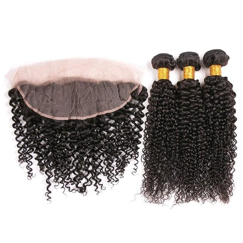 Kinky Curly Remy Hair 3 Bundle Deals With Lace Frontals