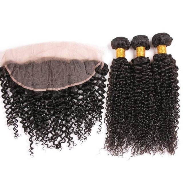 Kinky Curly Remy Hair 3 Bundle Deals With Lace Frontals