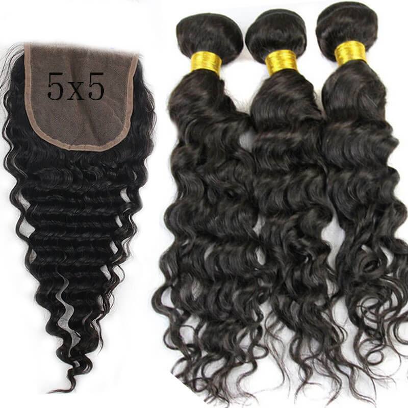 5X5 Lace Closure with 3 Bundles Water Wave Brazalian Virgin Human Hair Human Hair