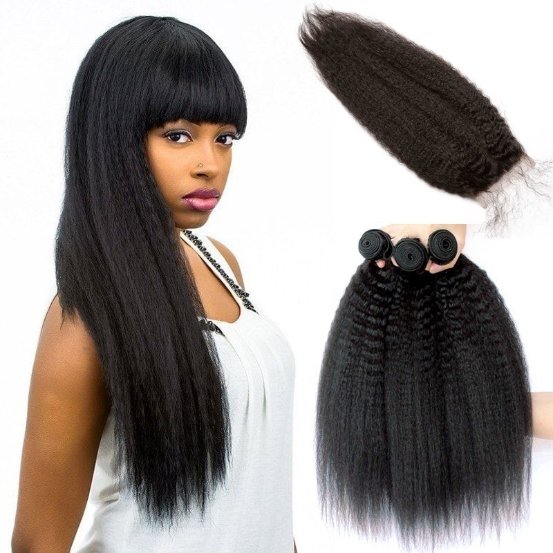 Brazilian Human Hair 3 Bundles with Lace Closure Kinky Straight Natural Color