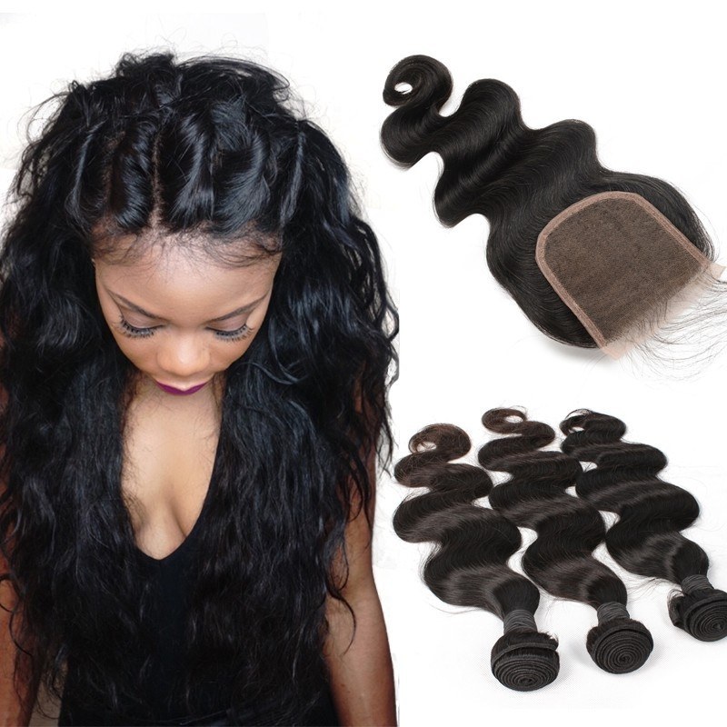 Brazilian Human Hair Extension Weave 3 Bundles with 4x4 Lace Closure Natural Color Body Wave