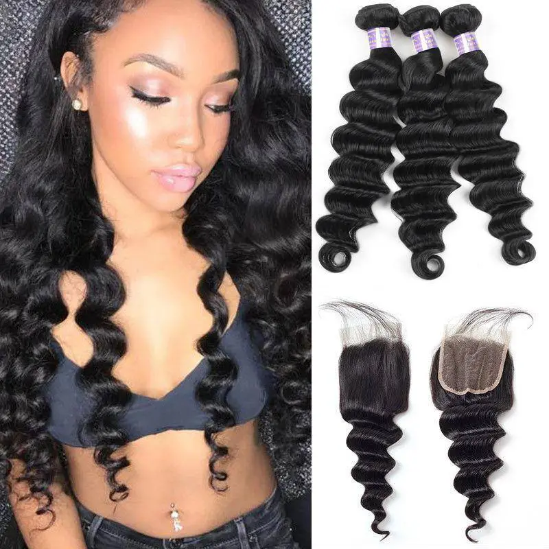Eseewigs Malaysian Loose Deep Wave 3 Bundles with 4*4 Lace Closure Virgin Hair