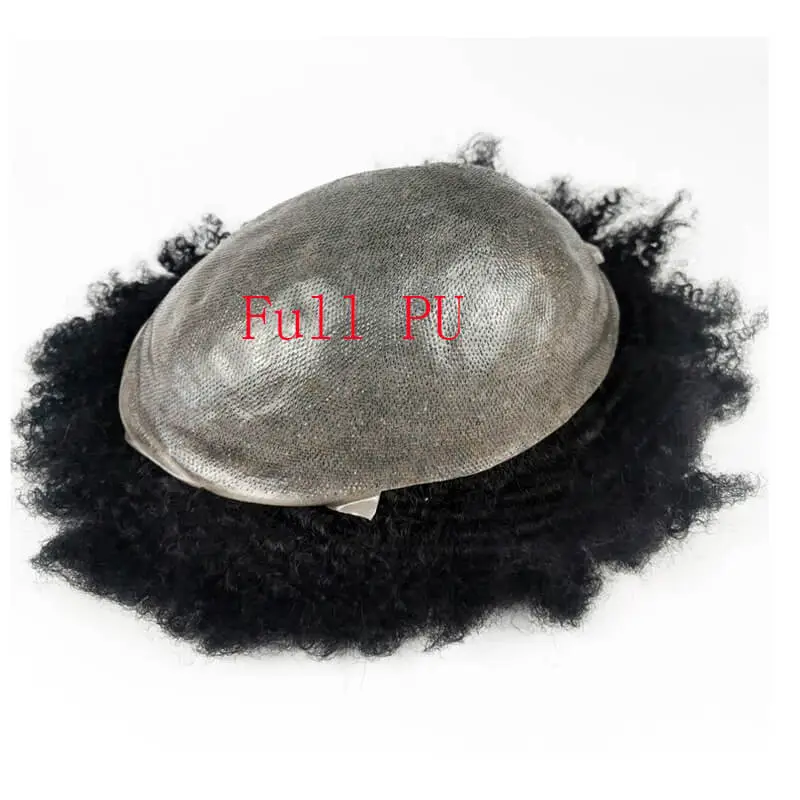 Afro Kinky Curly Men&#39;s Toupee for African American Men Hairpiece 100% Human Hair 10x8inch Replacement Wig #1B Jet Black Color
