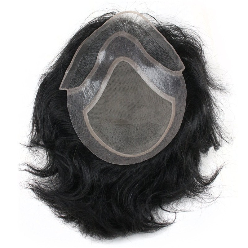 Men's Hairpiece Human Hair Toupee Wig Super Thin Skin Hair Replacement (#1B Off Black)