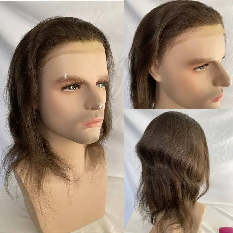 Toupee for Men Human Hair Swiss Lace Front Natural Hairline Hair Pieces Thin Skin PU V-looped Men's Hair Replacement System 10x8
