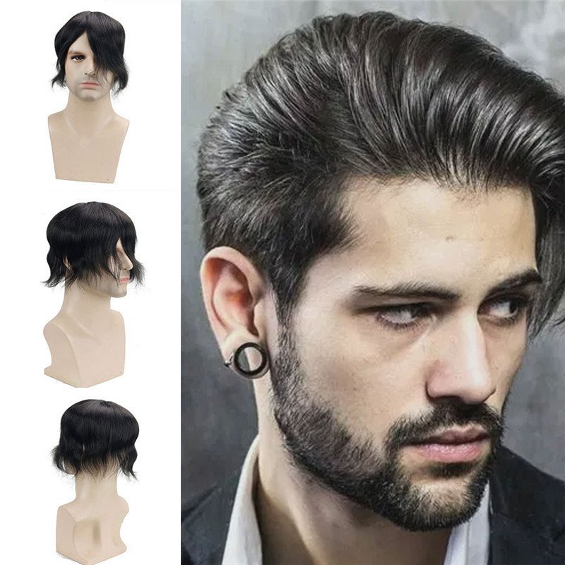 1B Black PU With Mono Swiss Lace Comfortable Hair Replacement System Men's Toupee 100% Human Hair Piece