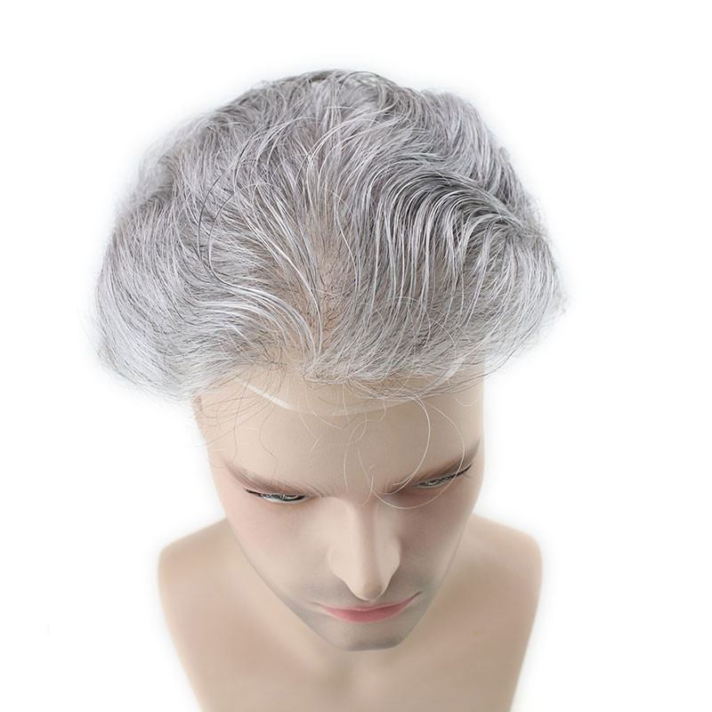 Men's Toupee Hair Hairpieces for Men 10×8 inch Thin Skin Hair Replacement System Monofilament Net Base (1b# Mix 80% Grey Hair)