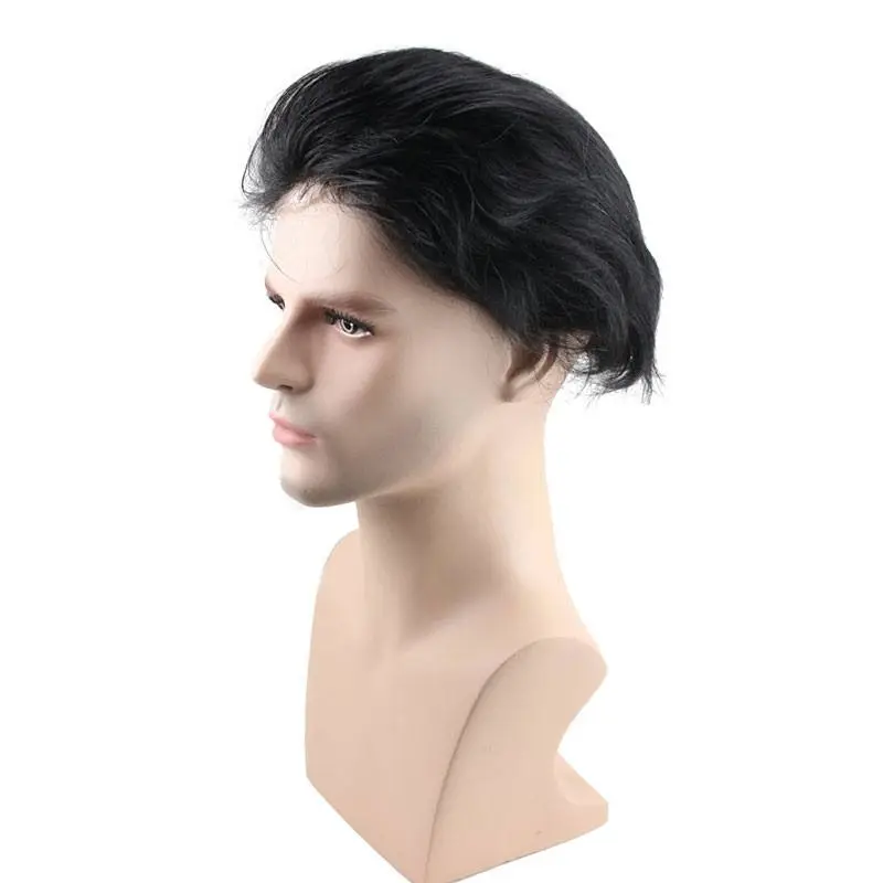 Men's Hairpiece Human Hair Toupee Wig Super Thin Skin Hair Replacement (#1B Off Black)