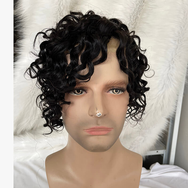 Mens Hairpiece Hair Replacement System Human Hair  Loose Wavy Hairstyle  French Lcae 7”