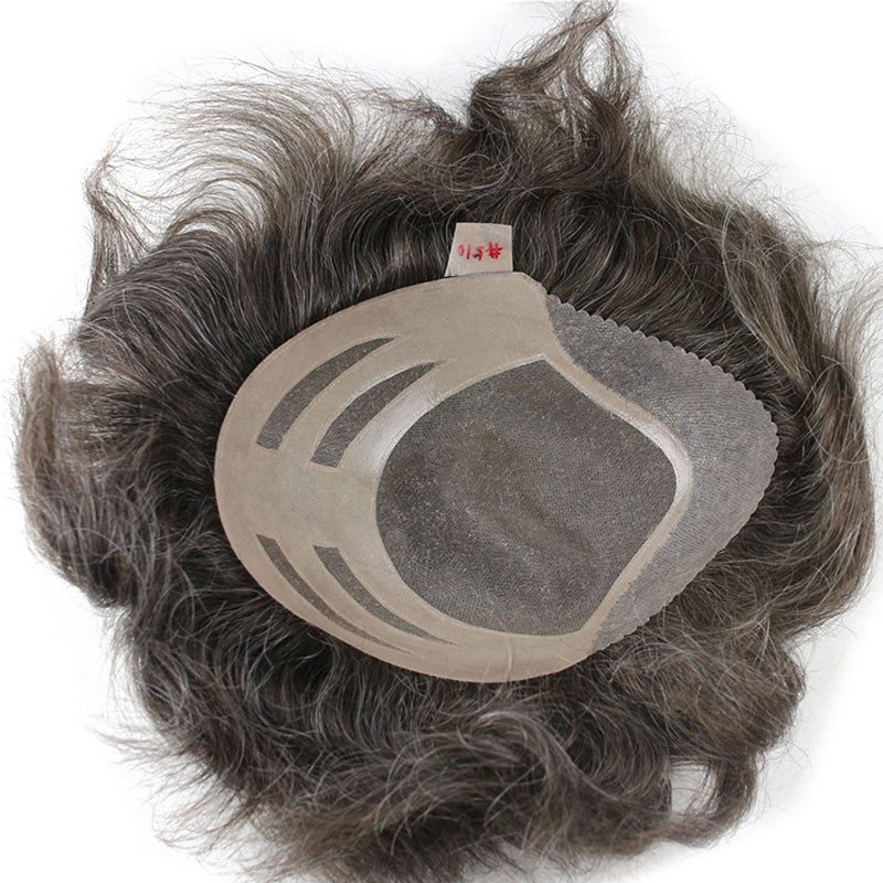 Grey Toupee 10×8 inch Human Hair 5# Mix 10% Grey Hair Thin Skin Hairpiece Hair Replacement System Mono Net Base for Men