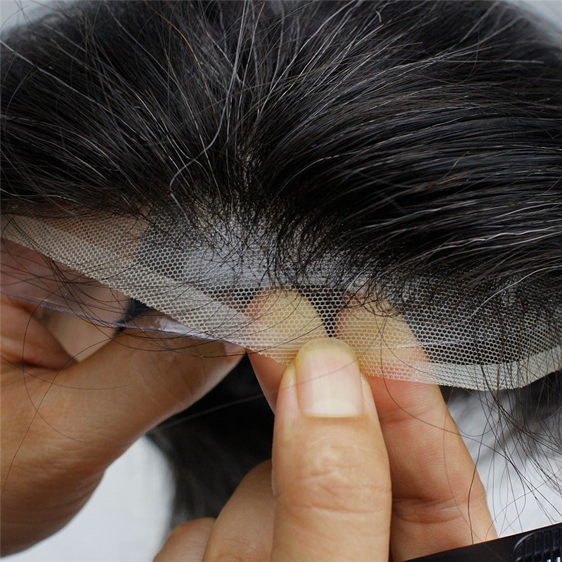 1B Mixed 20% Grey Hair PU Frontal With Swiss Lace Comfortable 8x10 Hair Replacement System Men's Toupee 100% Human Hair Piece