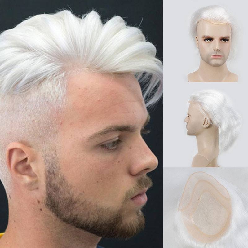 Fashion Mono Lace With Pu Around 100% Human Hair Pure White Color 8X10 Toupee For Men