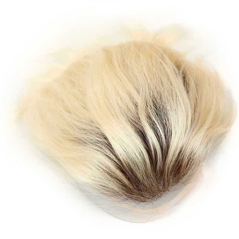Brown Roots 60# Platinum Blonde Ombre Color Human Hair Mens Toupee for Sale Light Blonde Hairpiece 10x8