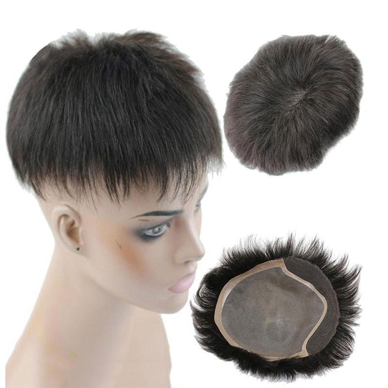 Remy Human Hair Man Toupee Short Natural Black Hair Wigs Base Size 9x7.5inch