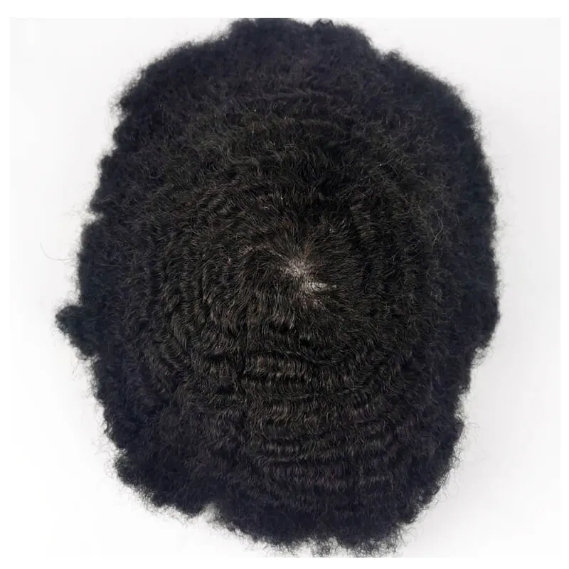 Afro Kinky Curly Men&#39;s Toupee for African American Men Hairpiece 100% Human Hair 10x8inch Replacement Wig #1B Jet Black Color