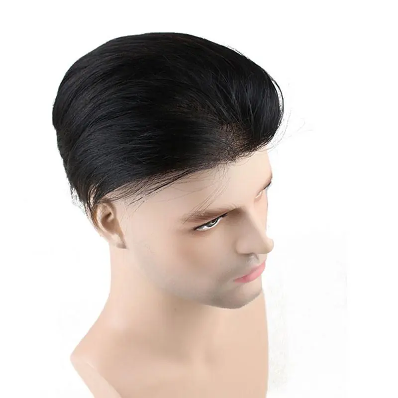 Men's Toupee Human Hair Straight Monofilament Net Base Thin Skin Around with Combs Toupee for Men Natural Color