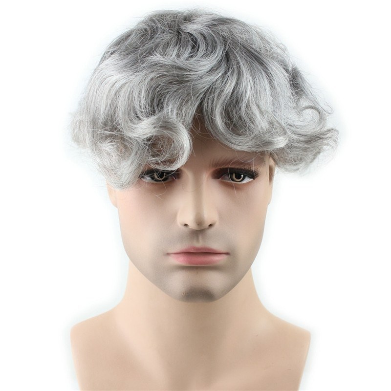 Men's Toupee 10×8 inch Human Hair 1B Mix 80% Grey Hair Thin Skin Hairpiece Hair Replacement System Monofilament Net Base for Men