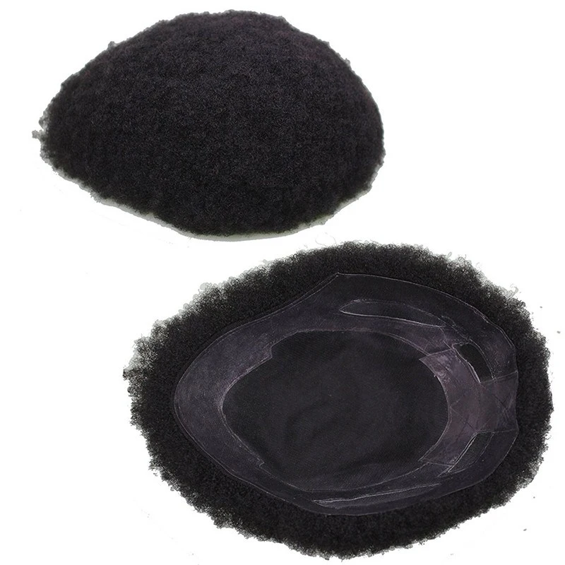 Human Hair Afro Curl Toupee for Black Men 10x8inch Mono Base with Hard PU Reforced Toupee for Black Men 1B#