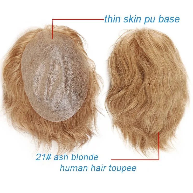 Soft Thin Skin Whole PU Base Toupee 21# Ash Blonde Human Hair Men`s Hairpiece