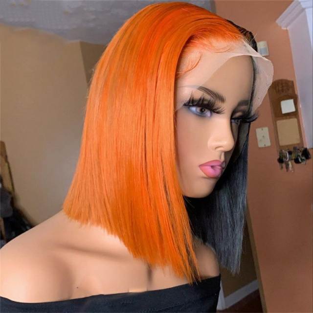 Half Black Half Orange Bob Wig Highlight Lace Front Wig Brazilian Remy Colored Lace Front Human Hair Wigs For Women