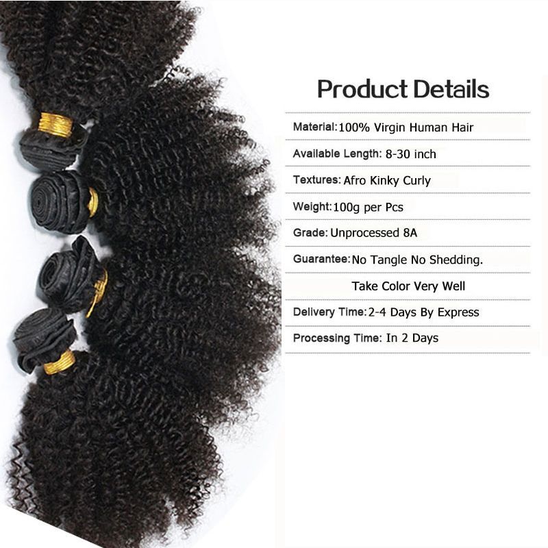 Afro Kinky Curly Indian Remy Human Hair Extension 4 Bundles Natural Color