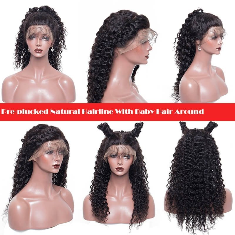 300% Density Brazilian Curly Lace Front Human Hair Wigs For Women Natural Black Pre Plucked