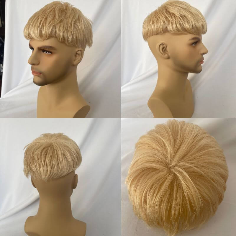 After Cut 3 Inch 100% European Virgin Men's Toupee Replacement System For Thinning Hair On Top,#60 Platinum Blonde Color 8X10